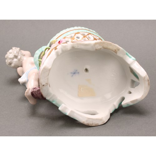 253 - A pair of German porcelain figural table salts, of a gallant and companion, each seated between two ... 