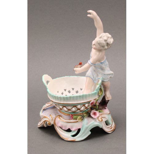 253 - A pair of German porcelain figural table salts, of a gallant and companion, each seated between two ... 