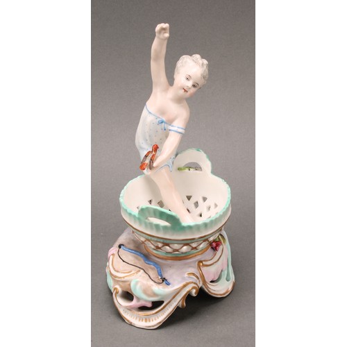 253 - A pair of German porcelain figural table salts, of a gallant and companion, each seated between two ... 