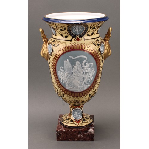 235 - A large Continental pate-sur-pate two handled pedestal vase, decorated with classical scene of a mai... 