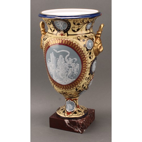 235 - A large Continental pate-sur-pate two handled pedestal vase, decorated with classical scene of a mai... 