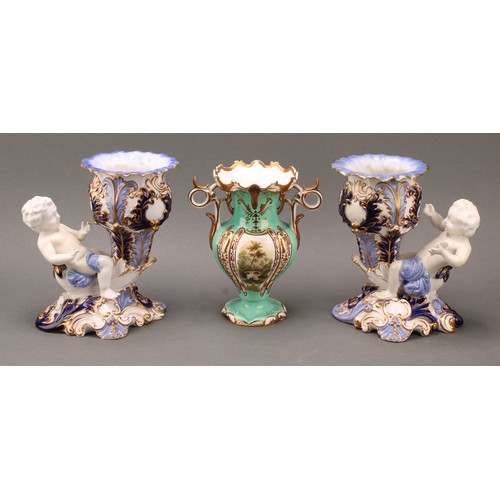 89 - A pair of 19th century Copeland figural vases, modelled as putti sitting astride a cornucopia, one h... 