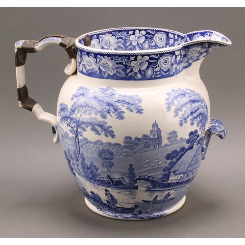 25 - A large 19ct century Pearl ware bathing jug, shell fore handle, transfer printed with fishermen in p... 