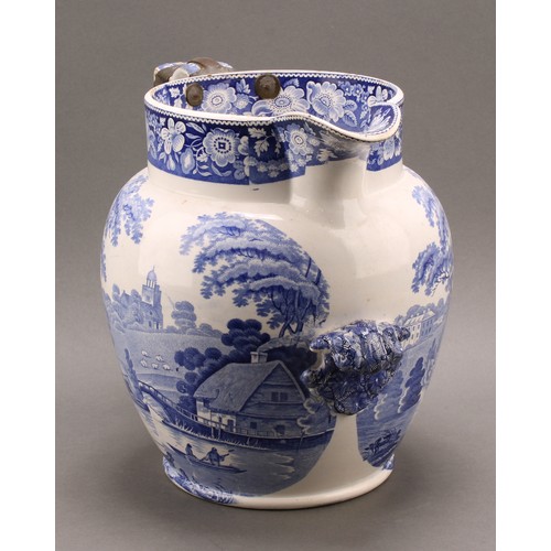 25 - A large 19th century Pearl ware bathing jug, shell fore handle, transfer printed with fishermen in p... 