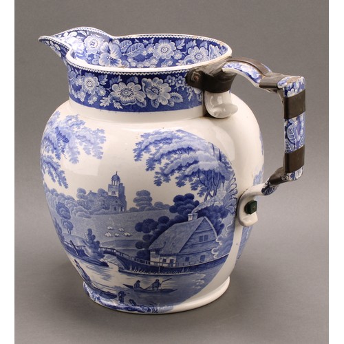 25 - A large 19th century Pearl ware bathing jug, shell fore handle, transfer printed with fishermen in p... 