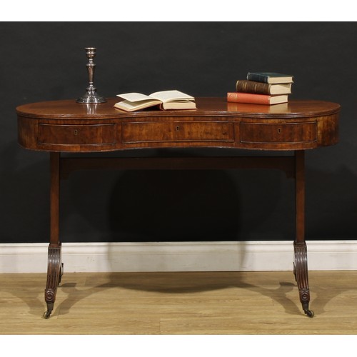 2223 - A 19th century mahogany kidney shaped library table, plum pudding veneered top with reeded edge abov... 