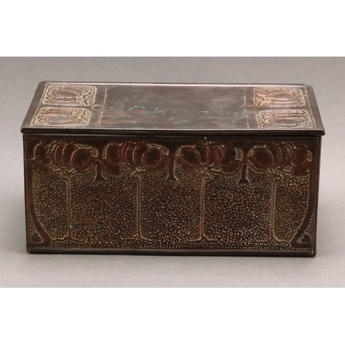 2336 - An Arts & Crafts copper mounted rectangular caddy, decorated in relief in the Art Nouveau manner wit... 