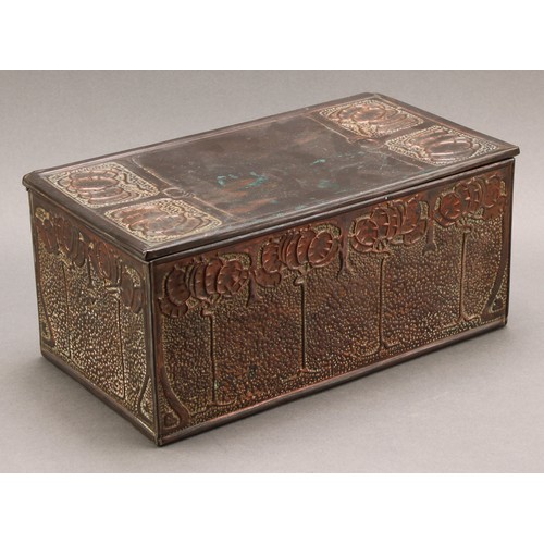 2336 - An Arts & Crafts copper mounted rectangular caddy, decorated in relief in the Art Nouveau manner wit... 