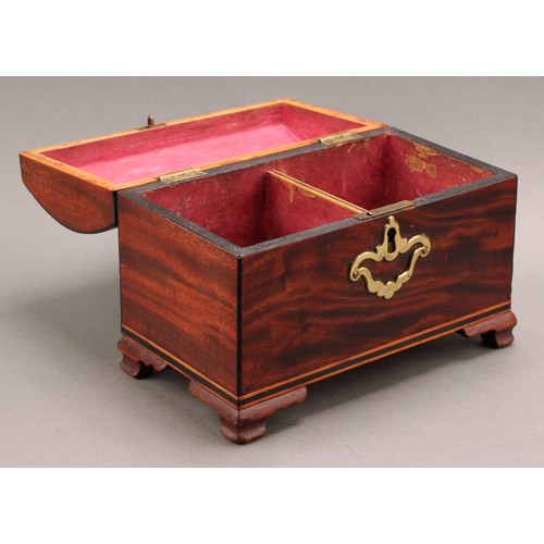 2330 - A George III mahogany domed rectangular tea caddy, hinged cover enclosing a compartmented interior, ... 