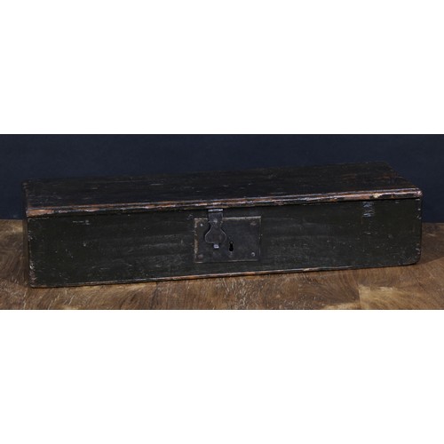 2562 - An 18th century pine six plank boarded table box, hinged cover, the hasp stamped ER, 12cm high, 61cm... 