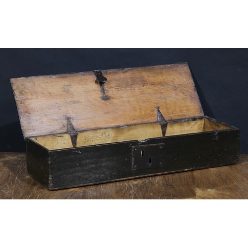 2562 - An 18th century pine six plank boarded table box, hinged cover, the hasp stamped ER, 12cm high, 61cm... 