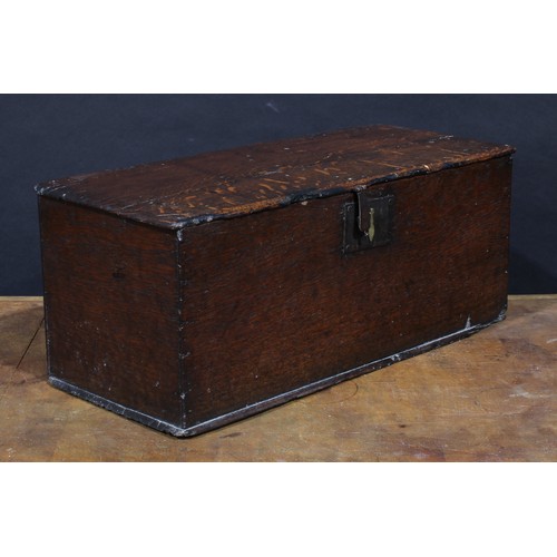 2561 - An 18th century oak six plank boarded table box, hinged cover, 26cm high, 64cm wide, 27cm deep