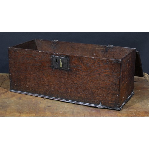 2561 - An 18th century oak six plank boarded table box, hinged cover, 26cm high, 64cm wide, 27cm deep