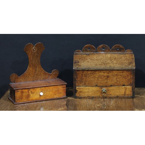 2333 - A George III oak salt or candle box, possibly Welsh, hinged sloping cover above a drawer, 24cm high,... 