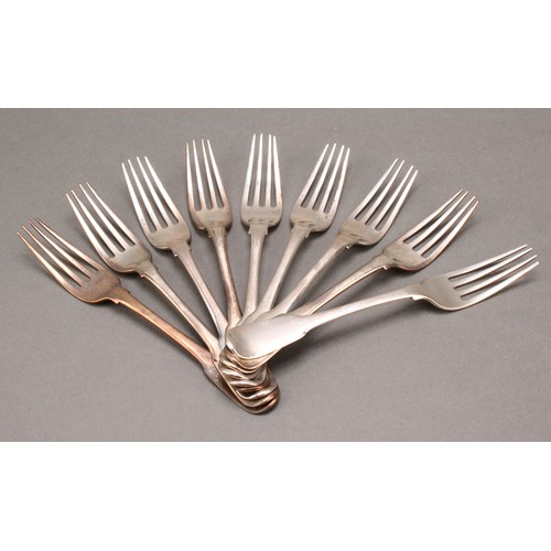 908 - A set of nine George III silver dessert forks, 16.5cm long, Thomas Wilkes Barker, London 1818, 323g