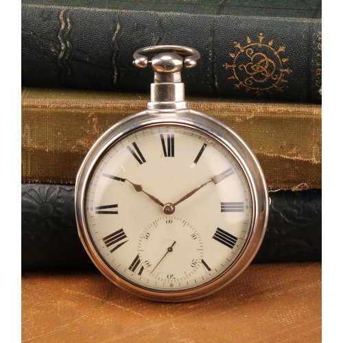 1147 - A George III/IV sterling silver pocket watch with sterling silver case, cream dial, bold Roman numer... 