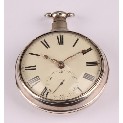 1147 - A George III/IV sterling silver pocket watch with sterling silver case, cream dial, bold Roman numer... 