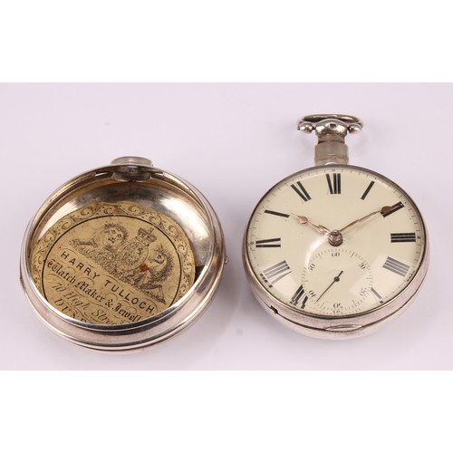 1147 - A George III/IV sterling silver pocket watch with sterling silver case, cream dial, bold Roman numer... 