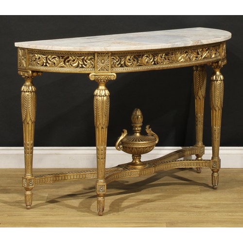 1520 - An Italian Neoclassical Revival giltwood and marble demilune pier table, oversailing top, the frieze... 