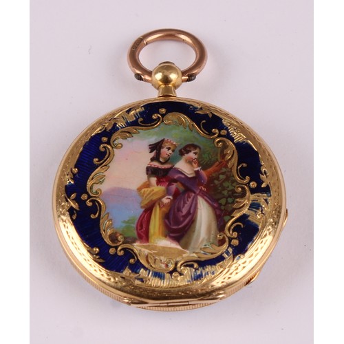 1149 - A ladies 19th century continental unmarked yellow metal enamelled fob watch, the rear cover painted ... 