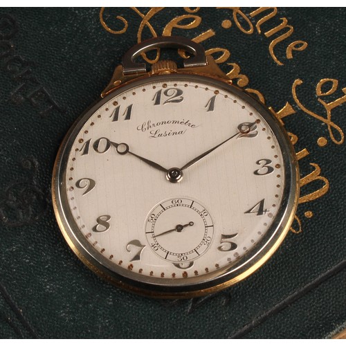 1156 - An 18ct gold two tone Lusina/HEB Art Deco cased Chronometre pocket watch, striped silver dial, Arabi... 