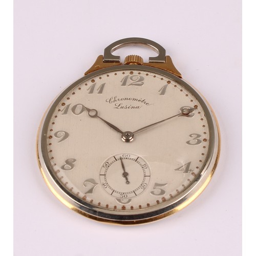 1156 - An 18ct gold two tone Lusina/HEB Art Deco cased Chronometre pocket watch, striped silver dial, Arabi... 