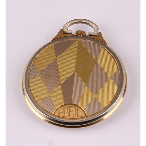 1156 - An 18ct gold two tone Lusina/HEB Art Deco cased Chronometre pocket watch, striped silver dial, Arabi... 