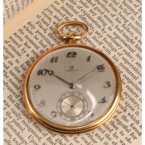 1151 - A Omega gold cased pocket watch, silver dial, raised Arabic numerals, dot minute track, subsidiary s... 