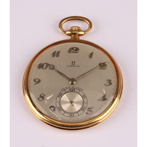 1151 - A Omega gold cased pocket watch, silver dial, raised Arabic numerals, dot minute track, subsidiary s... 