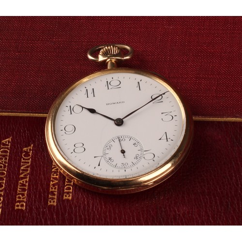 1158 - An American E Howard Watch Co 14ct fine gold engraved pocket watch, white enamel dial, signed Howard... 