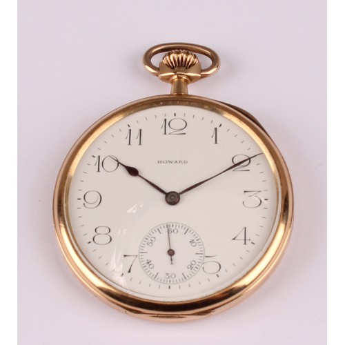 1158 - An American E Howard Watch Co 14ct fine gold engraved pocket watch, white enamel dial, signed Howard... 