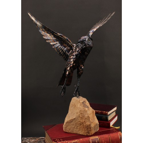 2191 - Tim Cotterill (English, bn. 1950), blued steel sculpture, of a bird of prey taking flight, mounted o... 