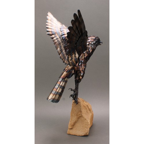 2191 - Tim Cotterill (English, bn. 1950), blued steel sculpture, of a bird of prey taking flight, mounted o... 