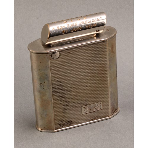 729 - A Continental Art Deco silver table cigarette lighter, engine turned, 10cm high, marked 835, mid 20t... 