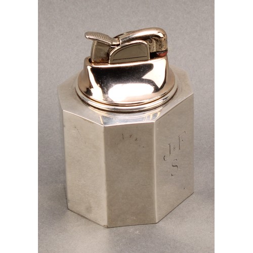 729 - A Continental Art Deco silver table cigarette lighter, engine turned, 10cm high, marked 835, mid 20t... 