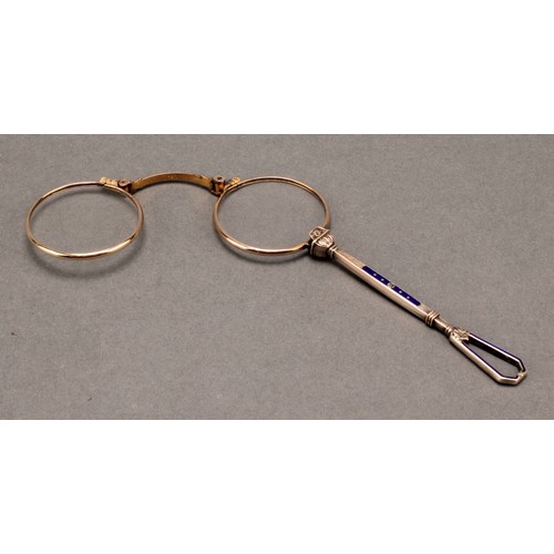 1397 - An early 20th century gilt and silver coloured metal and enamel lorgnette, folding mechanism, 12.5cm... 