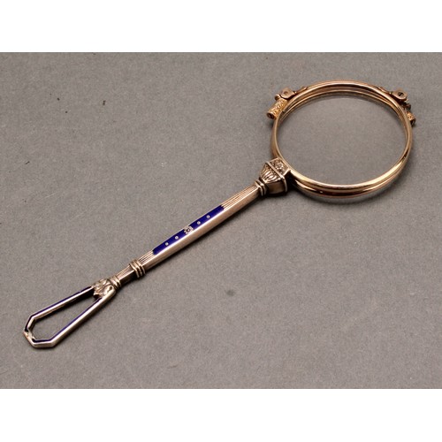 1397 - An early 20th century gilt and silver coloured metal and enamel lorgnette, folding mechanism, 12.5cm... 