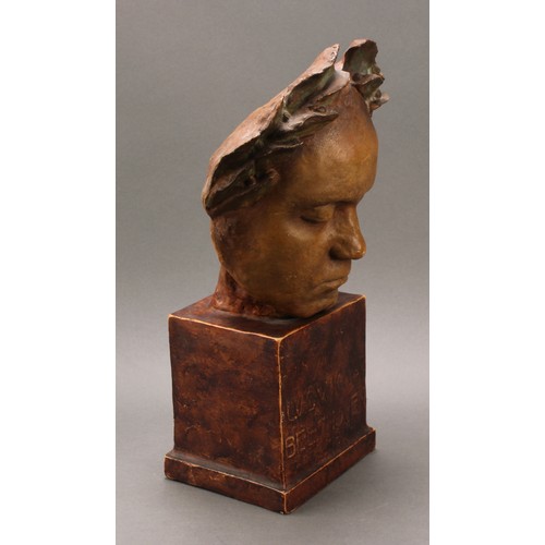 7 - A Friedrich Goldscheider Jugendstil earthenware mask on plinth, Ludvig Van Beethoven, in muted earth... 