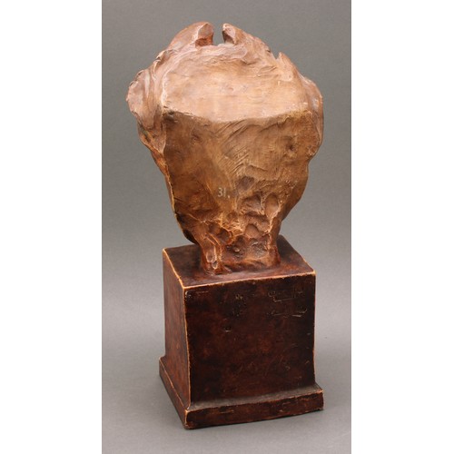 7 - A Friedrich Goldscheider Jugendstil earthenware mask on plinth, Ludvig Van Beethoven, in muted earth... 