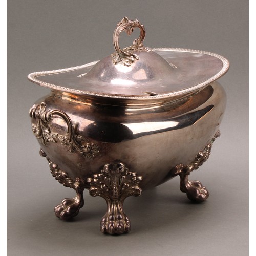 686 - A Rococo style E P on copper soup tureen and cover, leafy scroll handles, lion paw feet, 32.5cm wide