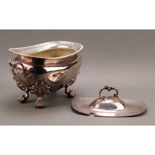 686 - A Rococo style E P on copper soup tureen and cover, leafy scroll handles, lion paw feet, 32.5cm wide