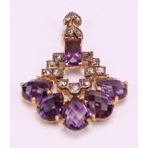 1222 - A rose cut diamond and amethyst pendant, set with fifteen rose cut diamonds, five pear and one recta... 