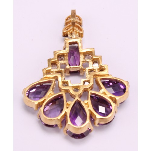 1222 - A rose cut diamond and amethyst pendant, set with fifteen rose cut diamonds, five pear and one recta... 