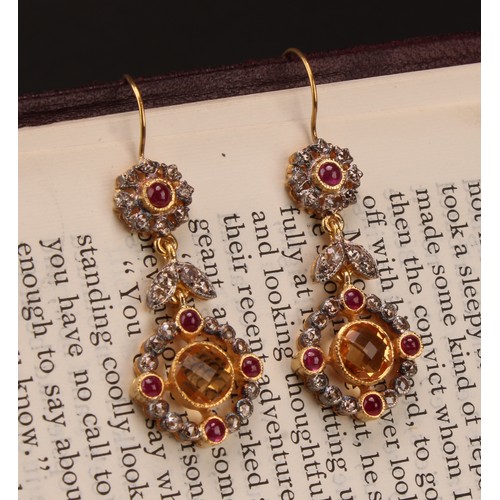 1219 - A pair of ruby diamond and citrine drop earrings, articulated floral three section drop target ring ... 