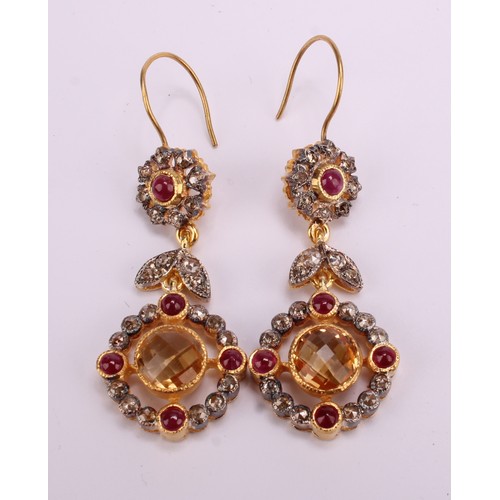 1219 - A pair of ruby diamond and citrine drop earrings, articulated floral three section drop target ring ... 