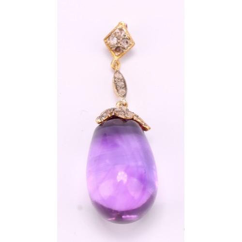 1200 - A diamond and purple amethyst pendant, pale purple amethyst approx 15.5ct suspended from a rose cut ... 