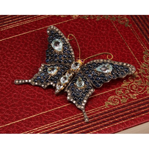 1212 - A large multi gem butterfly brooch, set with seventy two rose cut diamonds, eighty eight blue caboch... 