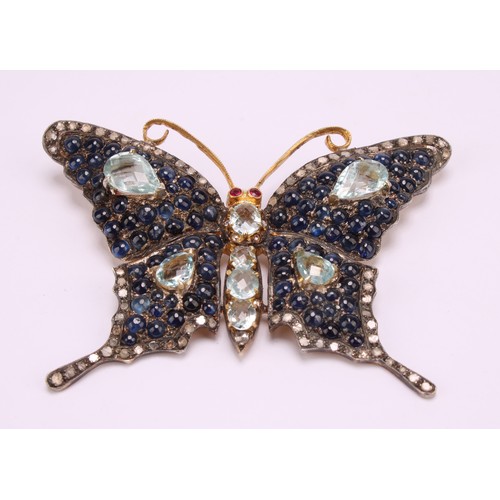 1212 - A large multi gem butterfly brooch, set with seventy two rose cut diamonds, eighty eight blue caboch... 