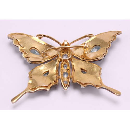 1212 - A large multi gem butterfly brooch, set with seventy two rose cut diamonds, eighty eight blue caboch... 