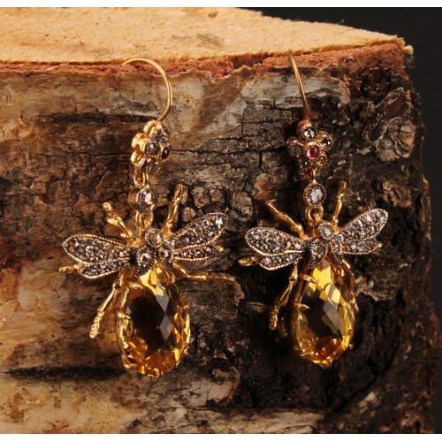 1218 - A pair of insect drop earrings, each set with a pear cut vibrant yellow citrine, pale pink spinel an... 